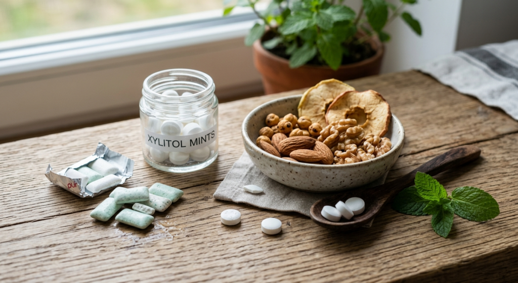 Udvalg af nikotinfrie alternativer til oral stimulation inklusiv tuggummi, slik og sunde snacks