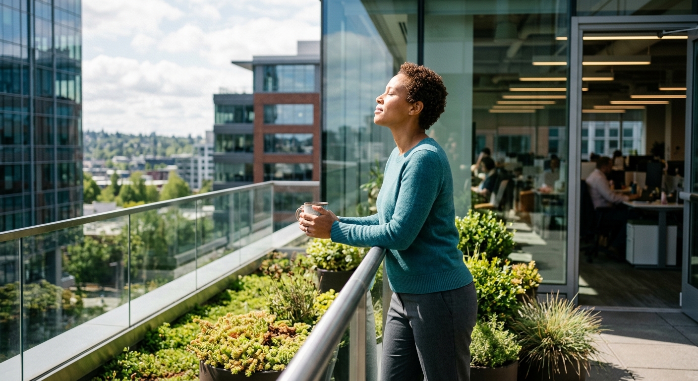Medarbejder der tager en bevidst pause uden at ryge som del af deres håndtering af arbejdsstress