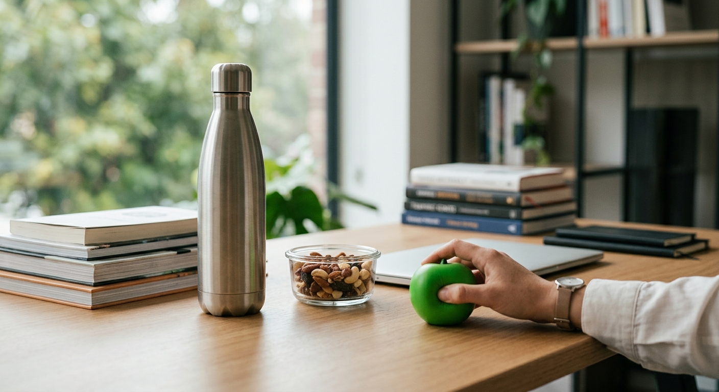 Ergonomisk kontoropsætning med sunde alternativer til røgepause synligt på skrivebord